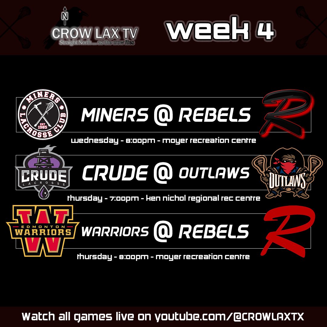 NetFront_Sports's tweet photo. IT'S MIDWEEK MADNESS ON CROW LAX TV!

Three midweek matchups highlight Week 4 of action, ahead of the short extended break for May Long Weekend. Catch all the action LIVE on CROW LAX TV using the link in our bio!

#crowlaxtv #rmll #jrb #srb #amf #lacrosse #lax #midweek #broadcast https://t.co/9L8IWYEVr4