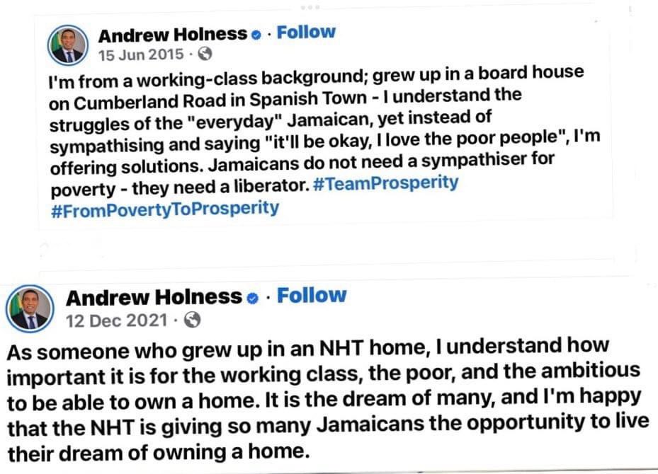 Holness is a chronic liar and clearly not a good one. In 2015 he claimed he grew up in a board house, in 2021 he grew up in a NHT house…Me never know NHT build board house too
#AwayWithHolness #Time4Change