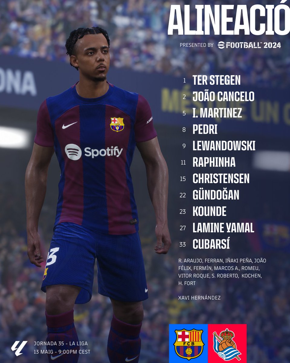 FCBarcelona_es's tweet photo. 𝐀𝐋𝐈𝐍𝐄𝐀𝐂𝐈𝐎́𝐍 👥
#BarçaRealSociedad https://t.co/3UCFvM0XRm