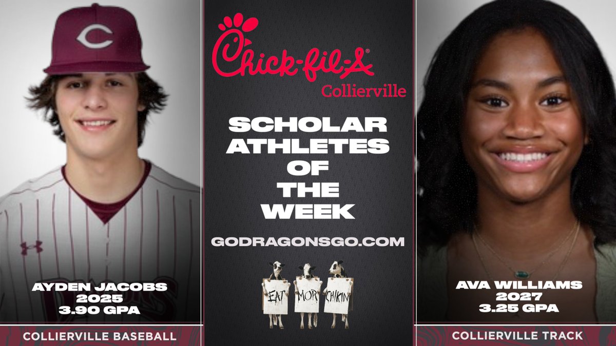 Congrats to our Chick-fil-A Scholar Athletes of the Week:  Baseball's Ayden Jacobs and Track's Ava Williams. Ayden (3.90 GPA) went 3-3 with 2 doubles and 2 stolen bases in regional win over White Station. At sectional meet, Ava (3.25 GPA) took 1st in the pole vault jumping 10-06.
