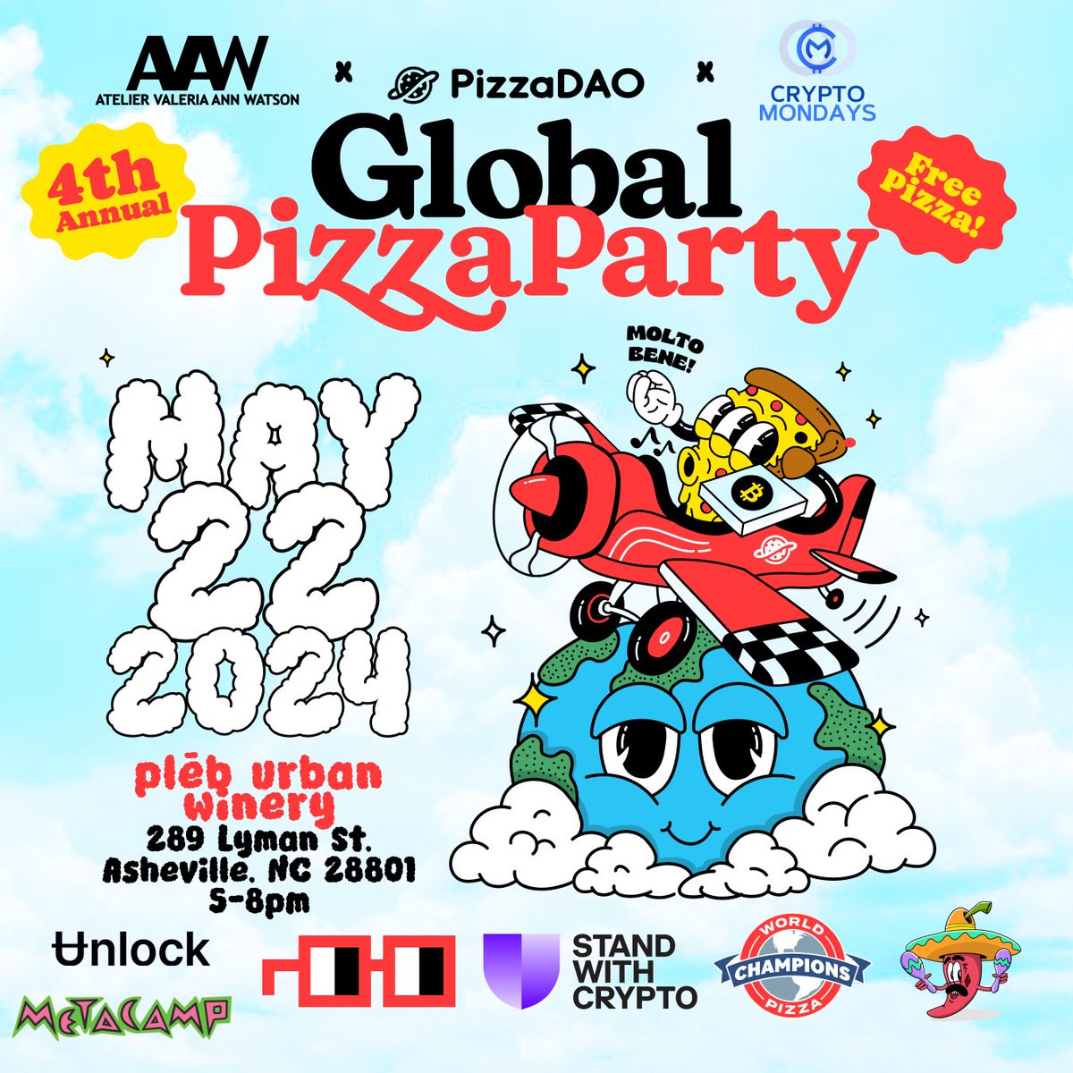 HEY ASHEVILLE COME GET SOME FREE PIZZA! 2024 @Pizza_DAO Global Pizza Party Local Hosts: Atelier Valeria Ann Watson (@valeriaawatson) X CryptoMondaysAVL (@YalorMewn) @nounsdao @UnlockProtocol @standwithcrypto World Pizza Champions @Meta_Cartel and #Metacamp 🍕📦🍕 🦾🐸👍 🍕📦🍕