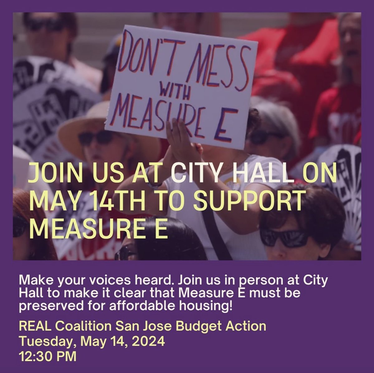 SVCN (@svcn) on Twitter photo Join us and our partners on TUESDAY, May 14 for the #protectMeasureE San Jose Budget Action at 12:30pm at City Hall!
Send a letter to the Council: actionnetwork.org/letters/san-jo…
@surjsacredheart <a href="/DSTNHome/">Destination: Home</a> <a href="/wpusanews/">Working Partnerships</a> <a href="/SVatHome/">SV@Home</a> Join us and our partners on TUESDAY, May 14 for the #protectMeasureE San Jose Budget Action at 12:30pm at City Hall!
Send a letter to the Council: actionnetwork.org/letters/san-jo…
@surjsacredheart <a href="/DSTNHome/">Destination: Home</a> <a href="/wpusanews/">Working Partnerships</a> <a href="/SVatHome/">SV@Home</a>