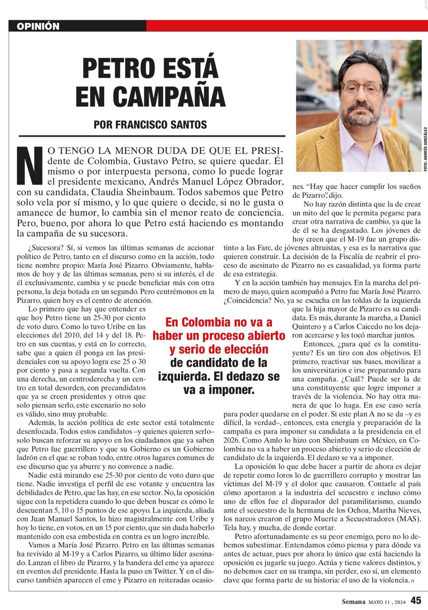 Todas sus acciones tienen un objetivo: quedarse en el poder él o a través de quien señale. Por ahora la señalada es María José Pizarro. <a href="/petrogustavo/">Gustavo Petro</a>

semana.com/opinion/articu…