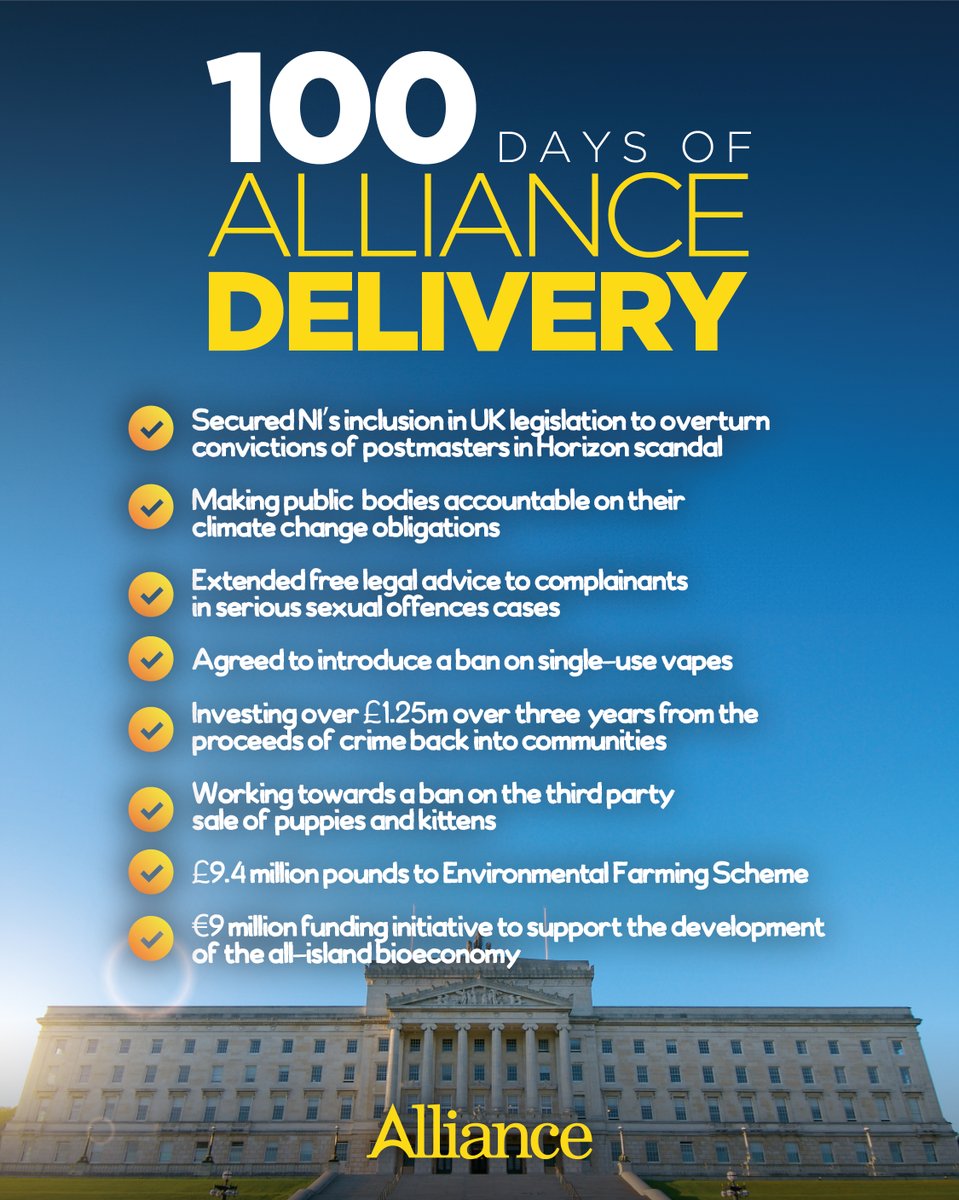 It's been 100 days since the Assembly was restored, here are just a few examples of what Alliance Ministers @naomi_long and @andrewmuirni have delivered so far.