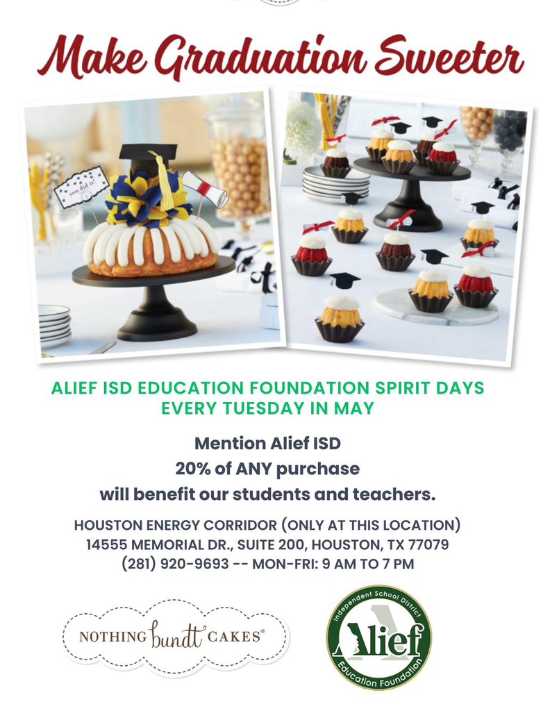 Indulge your sweet tooth for a good cause! Swing by Nothing Bundt Cakes in Houston Energy Corridor and support the Alief ISD Education Foundation every Tuesday in May! 20% of your purchase will benefit education in our community. Let's make a difference together! #WeAreAlief