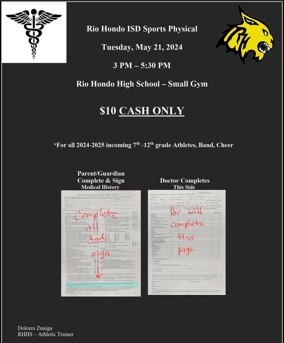 ATTN: All Athletes &amp; Band &amp; Parents
Why make an appt this summer?
Why make parents take off work?
Why waste gas?
Why sit in a clinic lobby?
Take care of your physical on Tuesday, 5/21. Medical History form must be complete and signed. <a href="/RHHS_Bobcats/">Rio Hondo High School PTECH</a>
<a href="/RHMS_Bobcats/">Rio Hondo Middle School</a> <a href="/RHISD_Athletics/">RH Athletics</a>