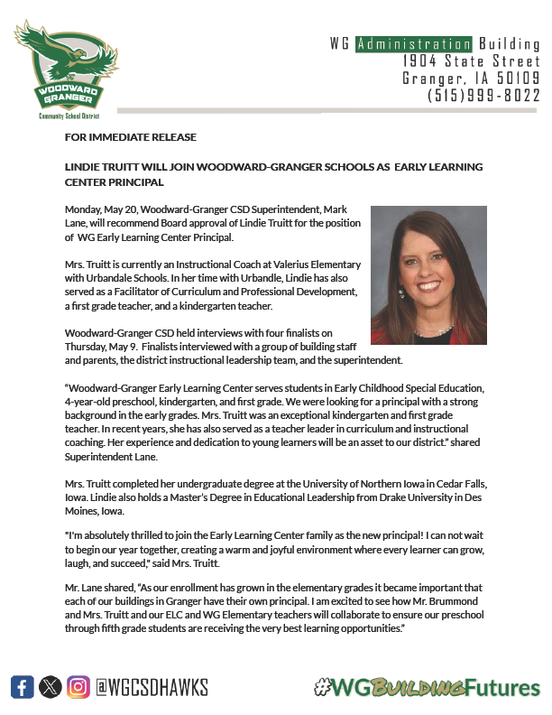 wgcsdhawks's tweet photo. Please join us in welcoming the FIRST Woodward-Granger Early Learning Center Principal, Mrs. Lindie Truitt! Read the release for more information and background of Mrs. Truitt. #WGBuildingFutures

https://t.co/DDEwZJN3gV https://t.co/T0GE5UchgN