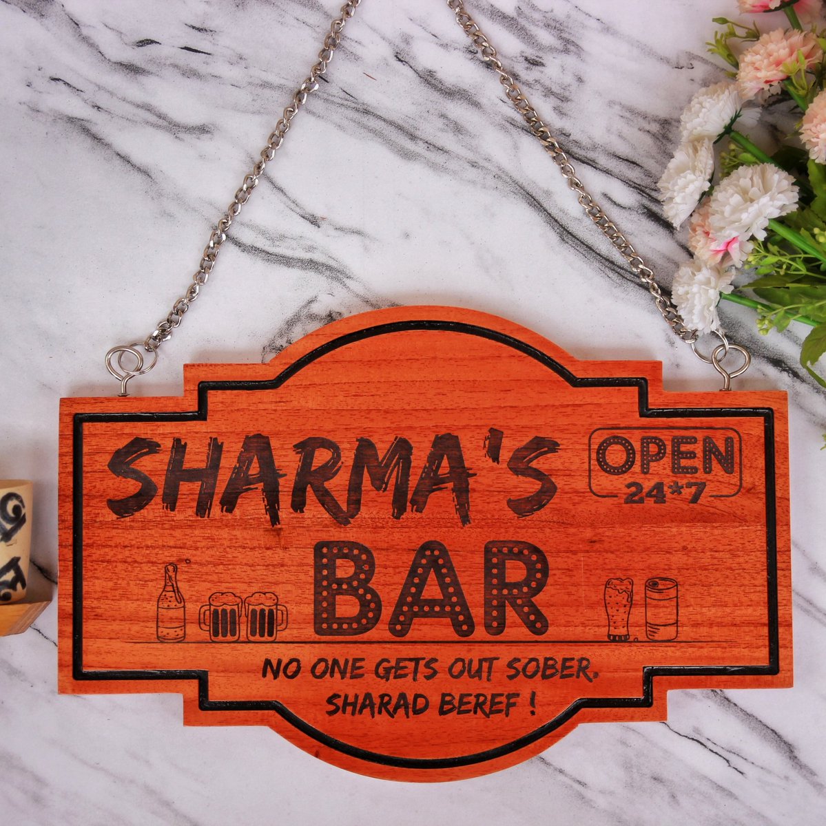A personalized bar sign engraved with your name! The best pub in town is always the one at home. So why not decorate your favorite space in your home with a cool wooden bar sign?

#woodgeek #woodgeekstore #hangingsign #woodsign #barsign #signboards #homedecor #homebar