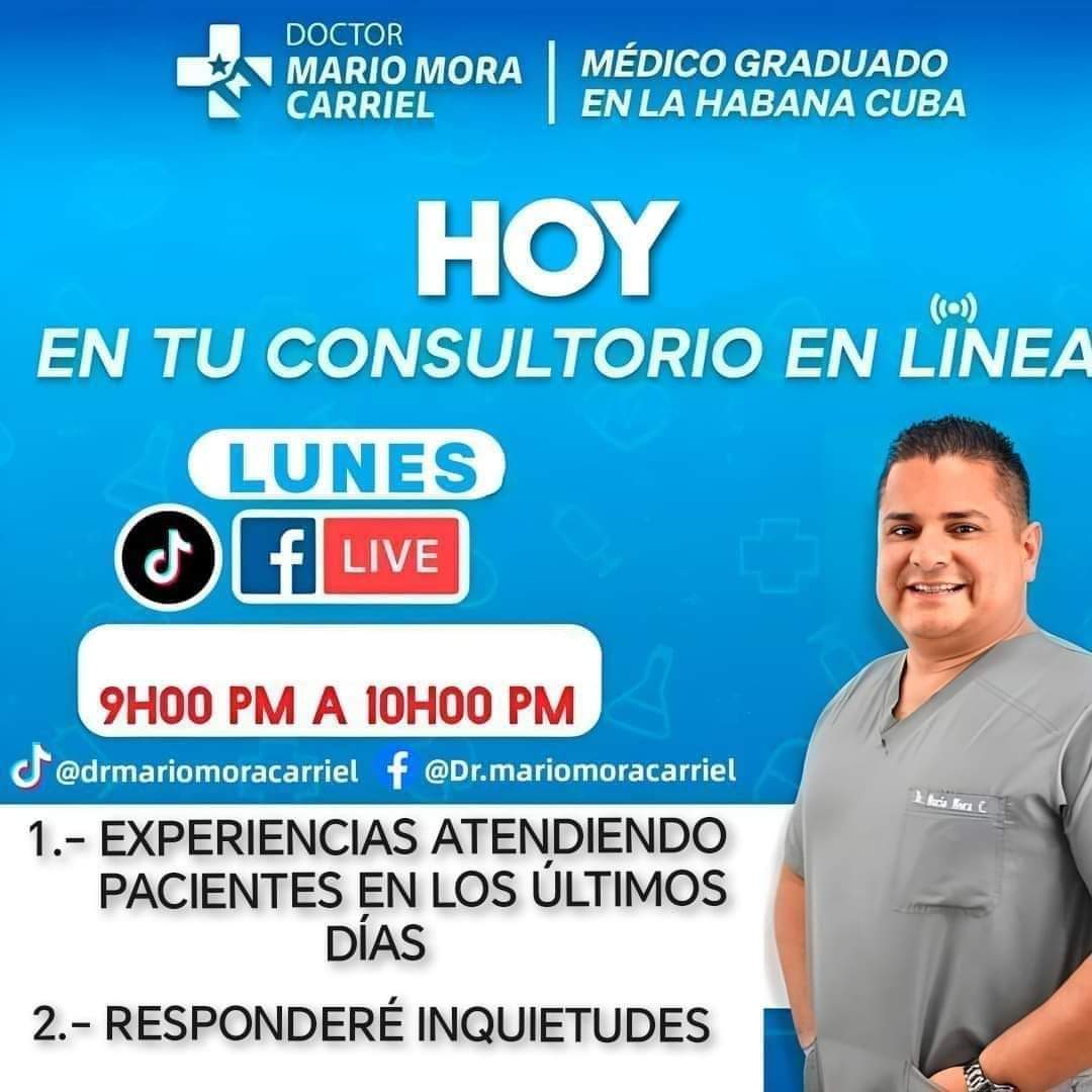 Los espero en Tú Consultorio en Línea hoy a las 9h00 p.m. Compartir por favor.

#DrMarioMoraCarriel #tuconsultorioenlinea #quevedo #losrios #ecuador #covid19 #neumonia #dengue #diabetes #Higadograso #hipertensionarterial #cancer #infeccionurinaria #infeccionesintestinales