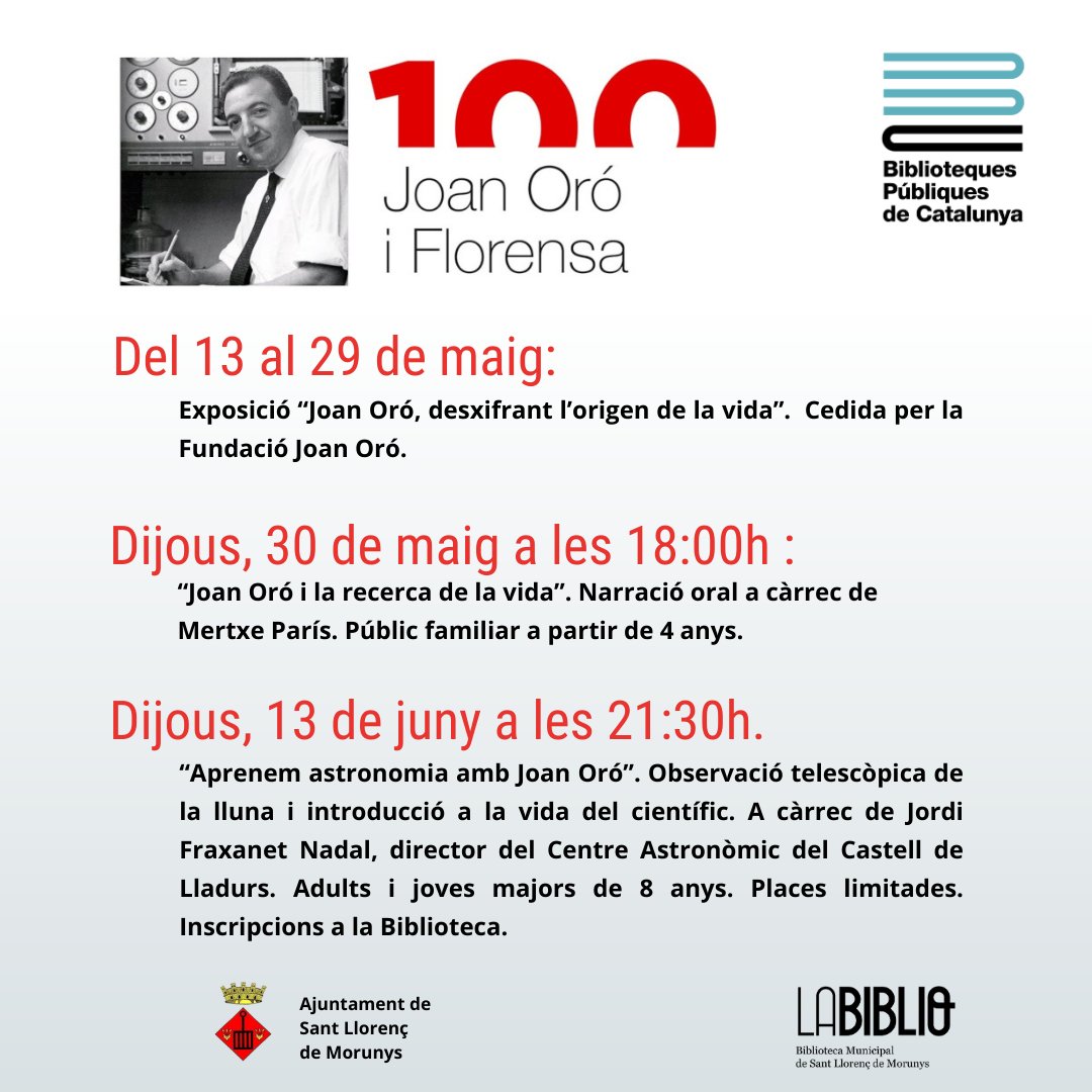 Activitats #AnyJoanOró a la @BibliotecaStllm 13-29 de maig: Exposició 'Joan Oró, desxifrant l'origen de la vida', cedida per @FundacioJoanOro 30 maig: 'Joan Oró i la recerca de la vida'. 13 juny: 'Aprenem astrologia amb Joan Oró'. @bibliotequescat @bibliotequeslle