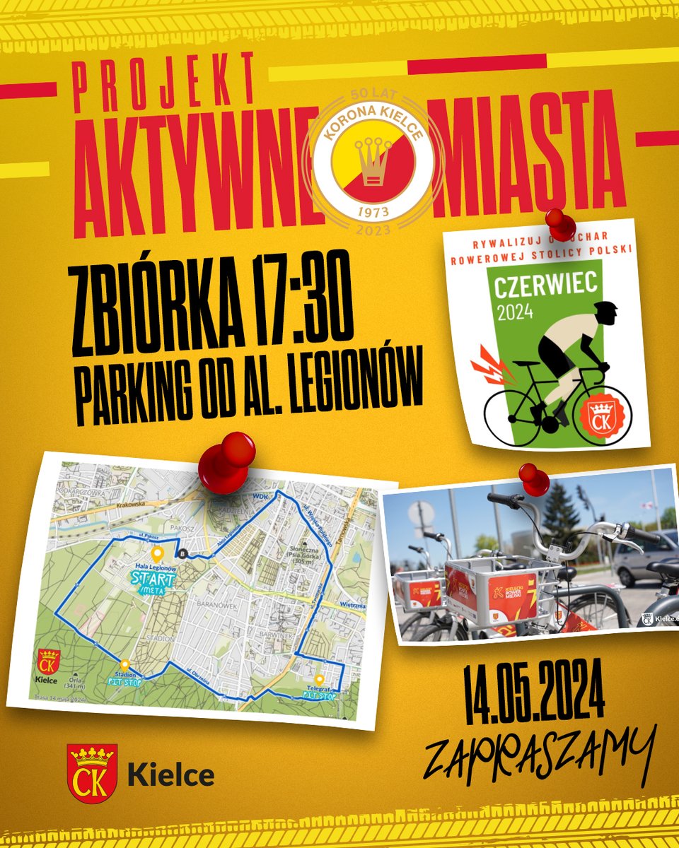 🚴 Majowy trening z kieleckimi sportowcami to znakomita rozgrzewka przed czerwcowymi zmaganiami. Dołączając do treningu, masz okazję do wspólnej przejażdżki rowerowej z zawodnikami kieleckich klubów: @Korona_Kielce, @kielcehandball, @KoronaHandball, AZS UJK Kielce, a ponadto