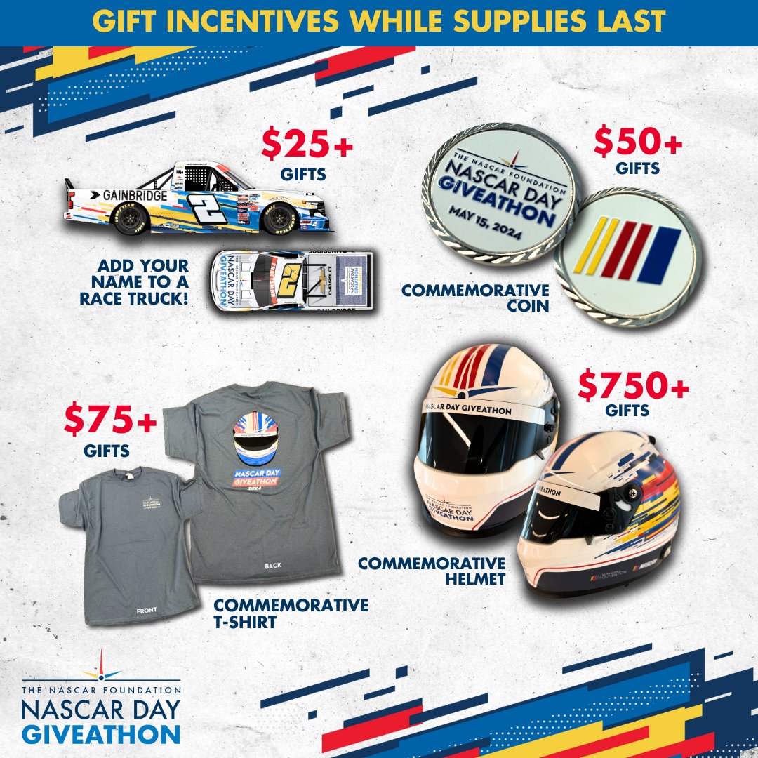 The @NASCAR_FDN's NASCAR Day Giveathon kicks off tomorrow morning at 8am ET, and while supplies last, your gift will earn you a gift! Learn more & donate soon: nas.cr/Giveathon24