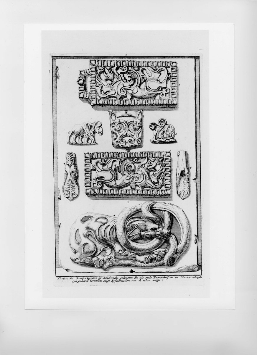 The last image in my book is this page from a book by Dutch statesman Nicolaes Witsen, a close associate of Peter I, who collected looted Siberian / Scythian art. These objects from his now lost collection are from plundered Siberian tombs (equivalents exist in the Hermitage).