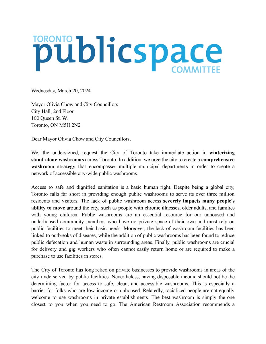 TOpublicspace's tweet photo. We're asking the City of Toronto to create a comprehensive public washroom plan. Are you part of a community group or org that wants to sign on to our community letter? 

Please fill out this form or get in touch: https://t.co/AMAuOXhf4K

#PublicSpace #TOpoli https://t.co/v8hzTEip3t