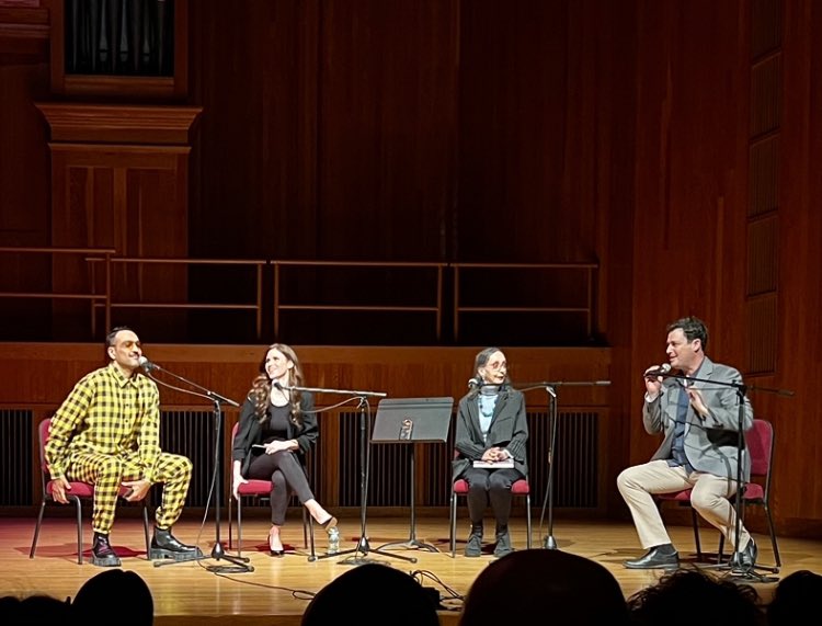 DocApplebaum's tweet image. What an incredible evening discussing caregiving with the legendary @JoyceCarolOates and extraordinary musician Ali Sethi. The @snogwriter event highlighted  that while we may not always find words to describe meaning and suffering, music can encapsulate this duality perfectly!
