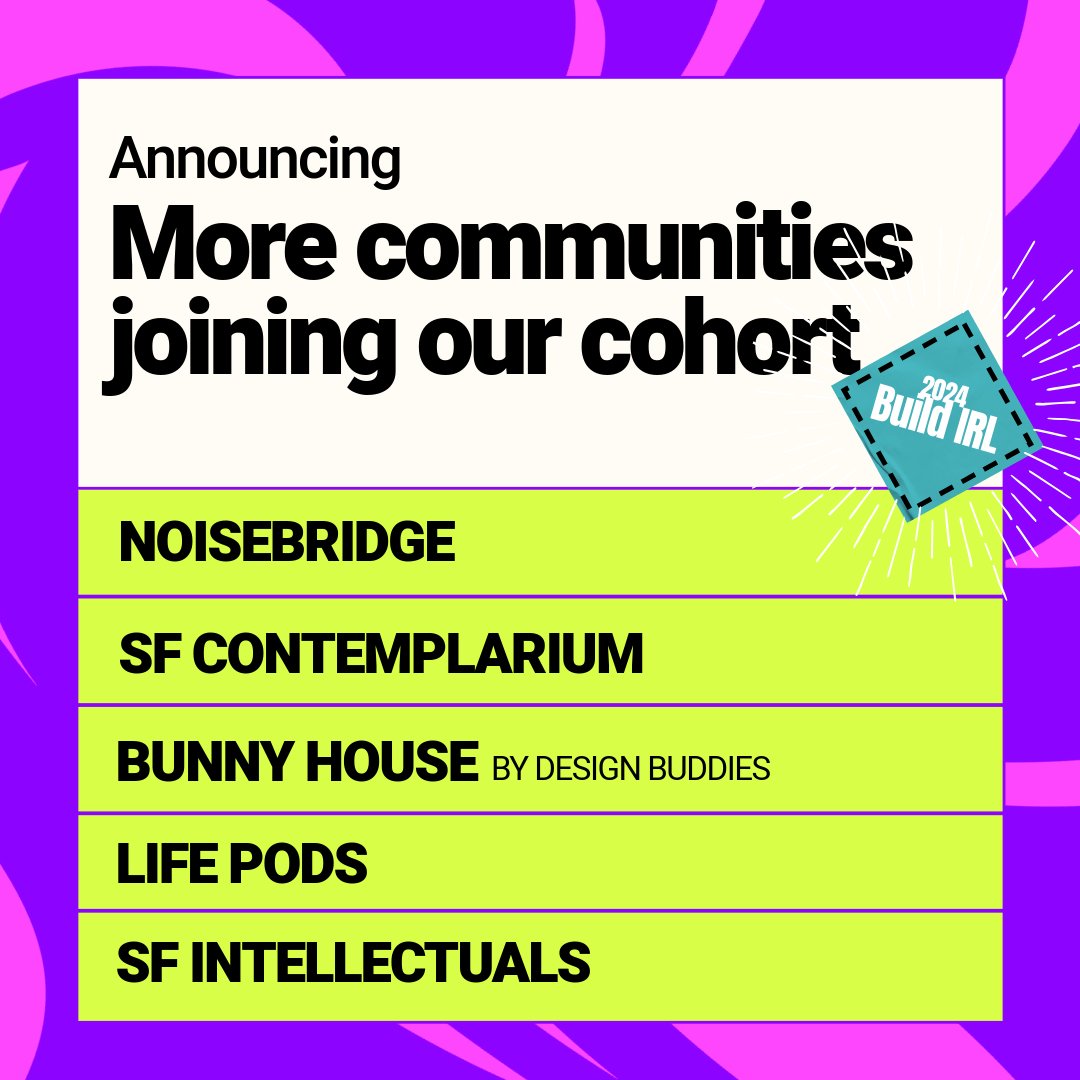 build_irl's tweet photo. Build IRL Newsletter #4 is out! https://t.co/ZJISeokx4q
🥁Drum roll …. announcing communities joining our founding cohort! 

@noisebridge,
@sfcontemplarium   
Bunny House by Design Buddies, 
SF intellectuals
Life pods 

Still thinking of applying? https://t.co/J0HPj0hLKY https://t.co/d8KwkCT1Yy