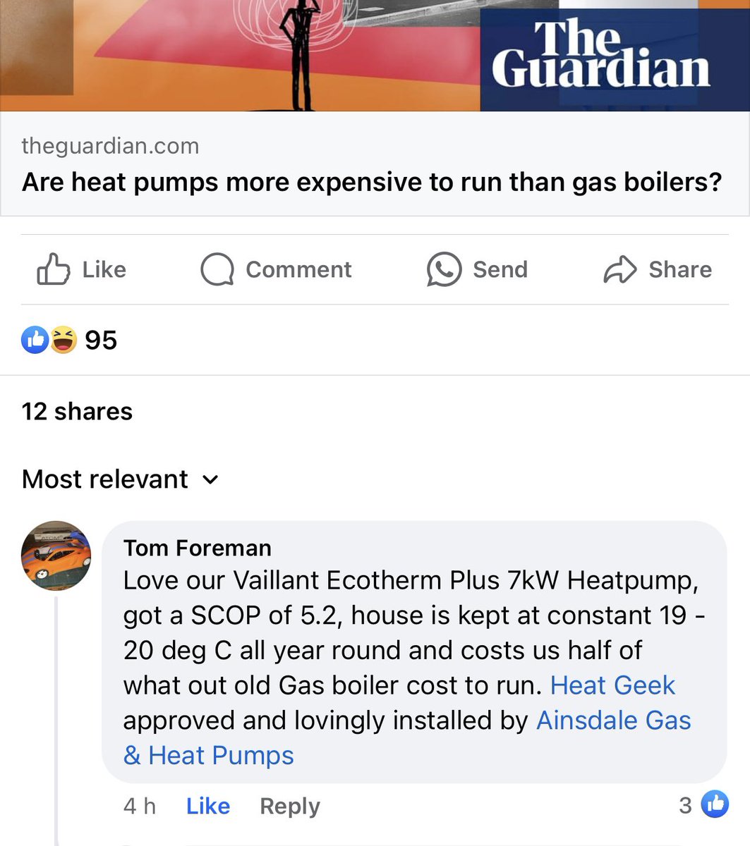 Check this comment out. One of our customers getting SCOP of 5.2 and half price running costs with solar PV and batteries. Measured on @vaillantuk’s built in monitoring. We really need to get on @Openenergymon to prove it but low flow temp and low resistance piping works a treat.