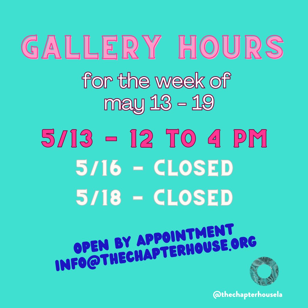 chapterhousela's tweet image. 🗓️This week’s gallery hours:

Monday, 5/13 - 12pm to 4pm
5/16 - CLOSED
5/18 - CLOSED

Open by appointment ➡️ info@thechapterhouse.org

#TCH #TheChapterHouse #TheChapterHouseLA #EchoPark #TongvaTerritory #LAnonprofit #IndigenousNonprofit #NativeNonprofit #DoaNF #KimberlyRobertson