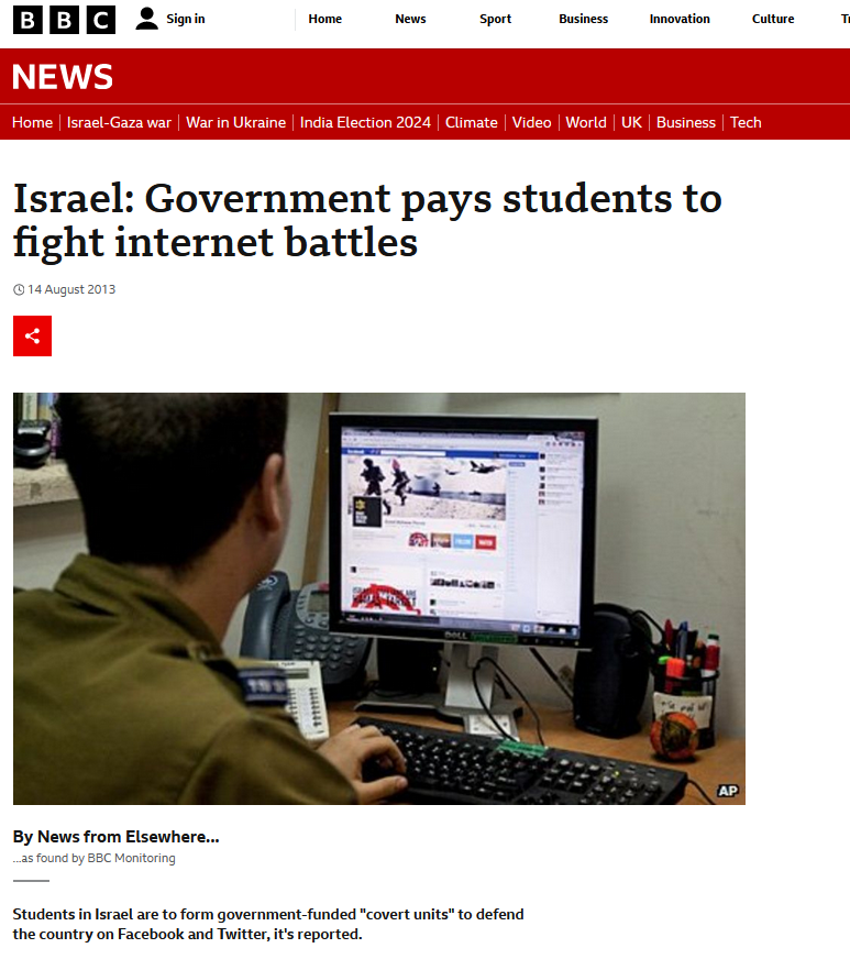 Israel: el gobierno paga a estudiantes para que discutan por Internet (2013)
bbc.com/news/blogs-new…