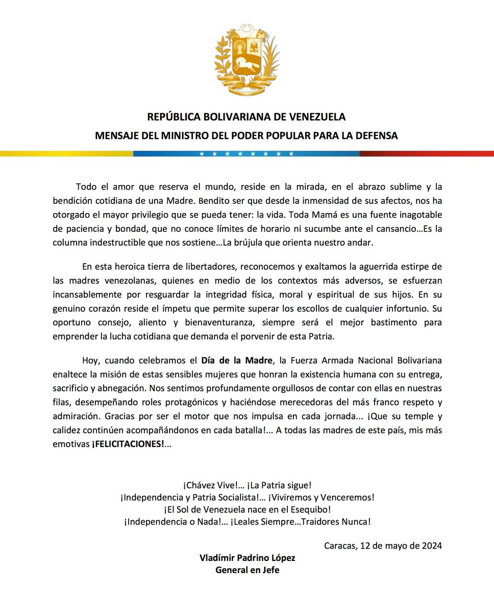 Importante || Mensaje del ciudadano General en Jefe Vladimir Padrino López, en ocasión de celebrarse el Día de las Madres 🇻🇪