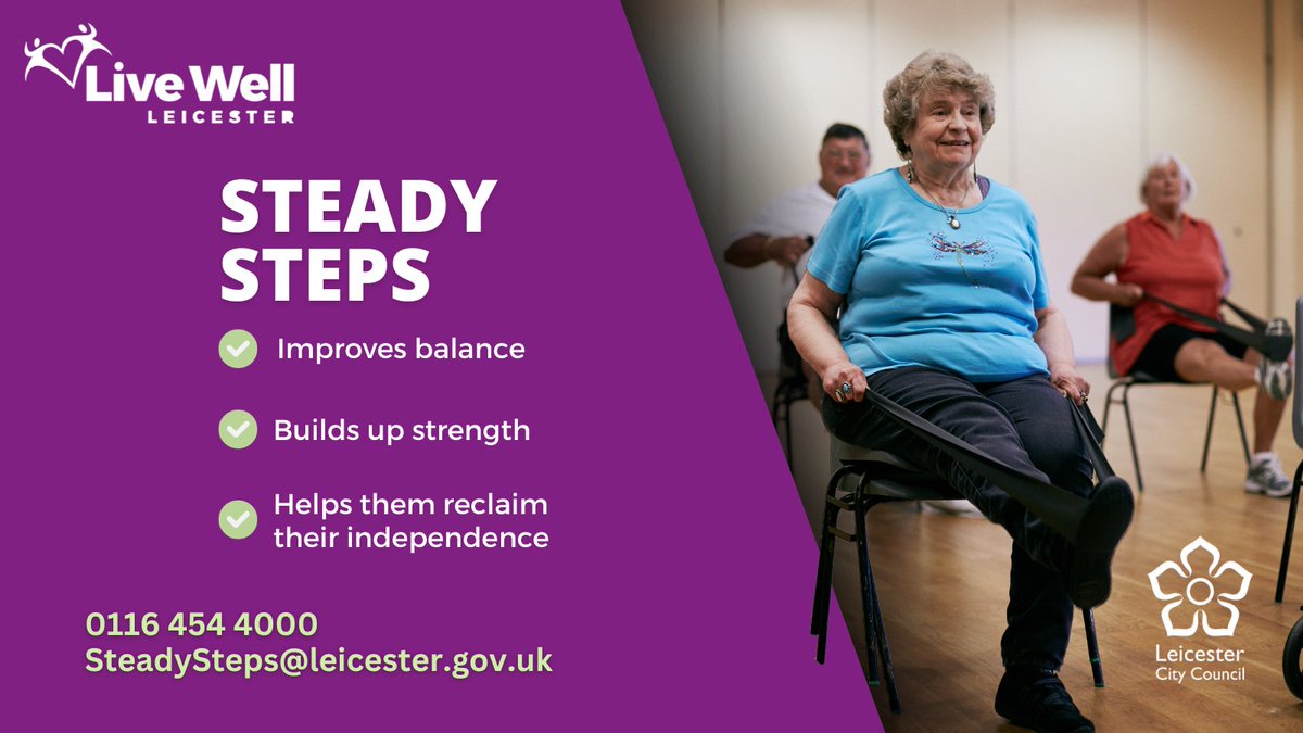 How can Steady Steps help your older relatives? ✅Improve their balance and strength ✅Help them to feel more confident ✅Gives them an opportunity to socialise To find out more, call 0116 454 4000, email steadysteps@leicester.gov.uk or visit 👇 livewell.leicester.gov.uk/steady-steps/