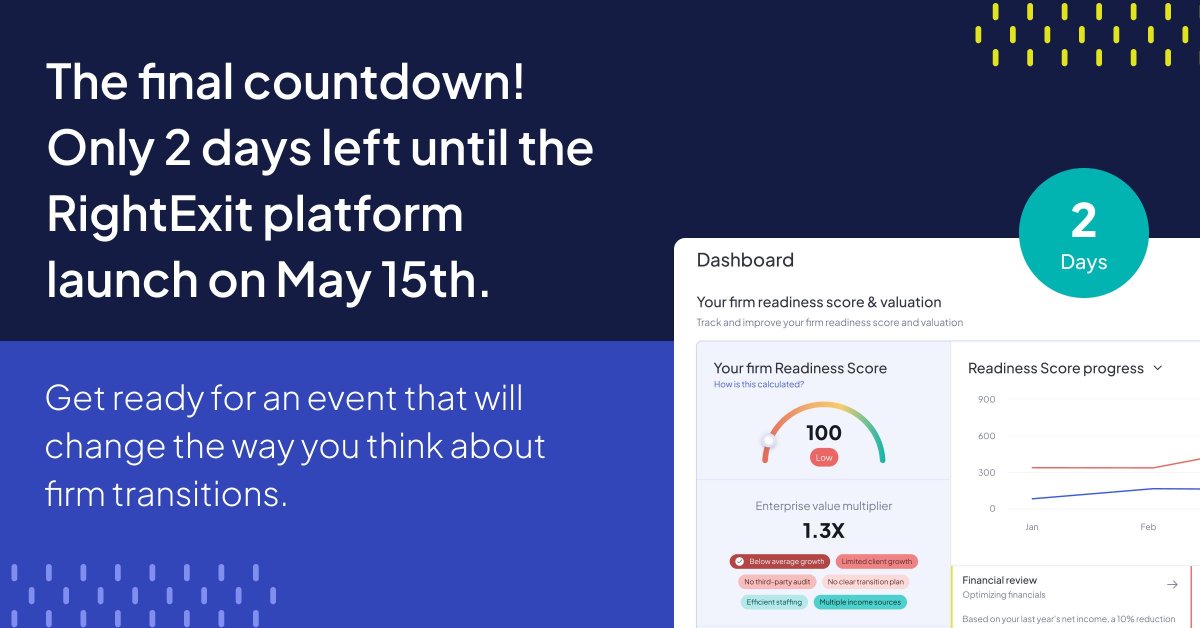 RightExitMA's tweet photo. The final countdown! ⏳ Only 2 days left until the RightExit platform launch on May 15th. Get ready for an event that will change the way you think about firm transitions. Follow us for more updates! #RightExit #FinalCountdown #PlatformLaunch https://t.co/iFvdUrozPA