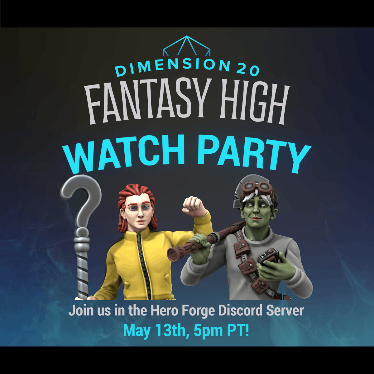 Join us in the Hero Forge Discord server today at 5pm PT to celebrate our new collaboration with @dimension20show! We'll be joined by Creative Producer @RichardHPerry to watch the first episode of Fantasy High: Junior Year! Join the Discord here: discord.com/invite/herofor