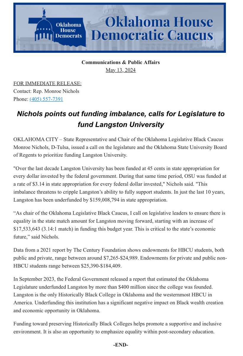 Monroe Nichols (@monichols) on Twitter photo Over the last decade alone, Oklahoma has underfunded <a href="/LangstonU/">Langston University</a> by $160M. It’s time to fully invest in Oklahoma’s only HBCU! Over the last decade alone, Oklahoma has underfunded <a href="/LangstonU/">Langston University</a> by $160M. It’s time to fully invest in Oklahoma’s only HBCU!