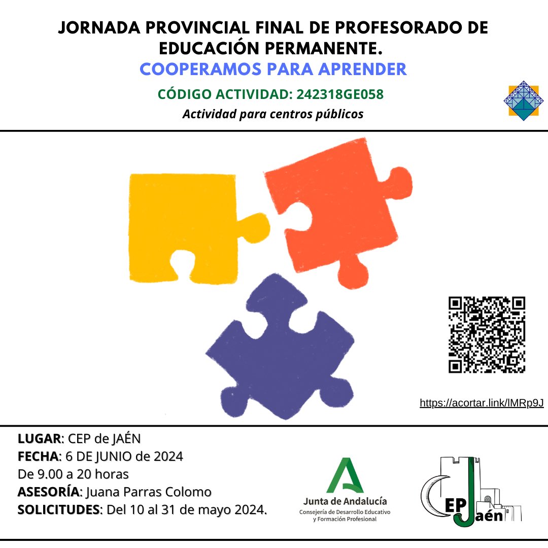 Abierto el plazo de inscripción a la actividad formativa: JORNADA PROVINCIAL FINAL DE PROFESORADO DE E.PER: COOPERAMOS PARA APRENDER. Código 242318GE058. Info e inscripción🔗 juntadeandalucia.es/educacion/secr…