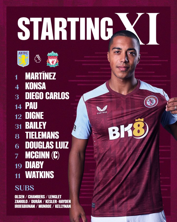 Aston Villa team to face Liverpool: Martínez, Konsa, Diego Carlos, Pau, Digne, Bailey, Tielemans, Douglas Luiz, McGinn (captain), Diaby, Watkins. Substitutes: Olsen, Chambers, Lenglet, Zaniolo, Durán, Kesler-Hayden, Iroegbunam, Munroe, Kellyman.
