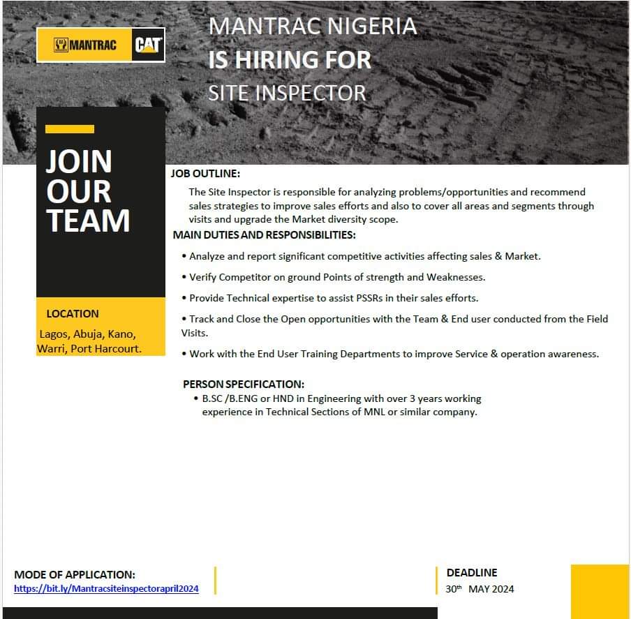 Hiring

👉 Site Inspector -

. Find details of each job and apply using the links below. The deadline for all vacancies is 30th May 2024. 

👉
 bit.ly/Mantracsiteins…

Cc
@Omojuwa 
@OgbeniDipo 
@aproko_doctor 
@Waspapping_ 
#Elegbeje