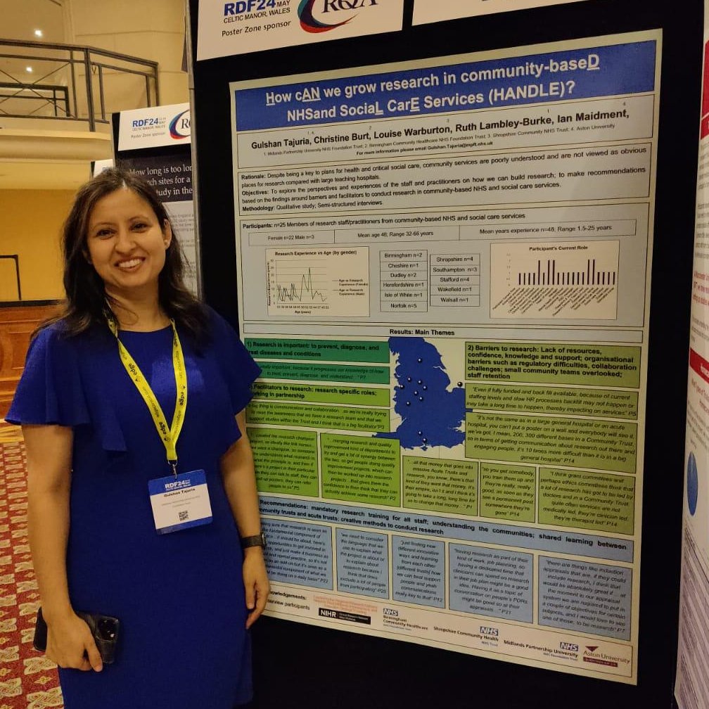 The #MPFTResearch team are showcasing various research projects at the #RDF24 Conference.

Here's Dr Gulshan Tajuria with the 'How cAN we grow research in community-based NHS and SociaL CarE Services (HANDLE)?' poster.

🔎Zoom in for more details