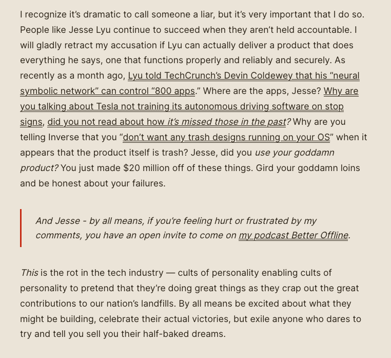 This is the rot in the tech industry - cults of personality enabling cults of personality to act as if they’re doing great things, garnering power and press while delivering mediocrity and burning consumers. It's a god damn disgrace.
wheresyoured.at/expectations-v…