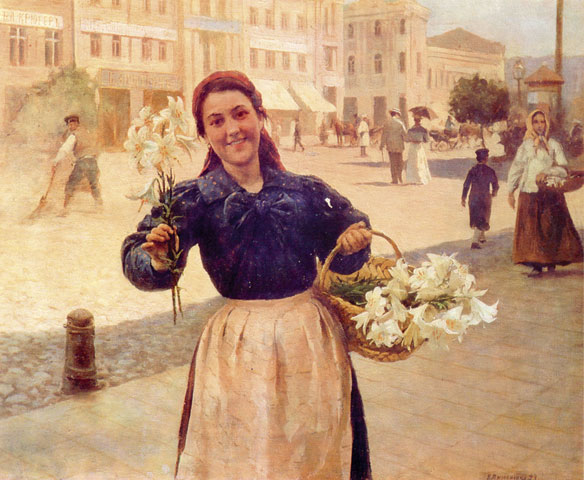 'Flowergirl', 1903 by Kazymyr Malevych, and 'Flowergirl', 1897, by his teacher Mykola Pymonenko. Malevych studied at an art school in Kyiv founded by Mykola Murashko. In some sources it's says that Malevych artwork is from 1930, but I see 1903.