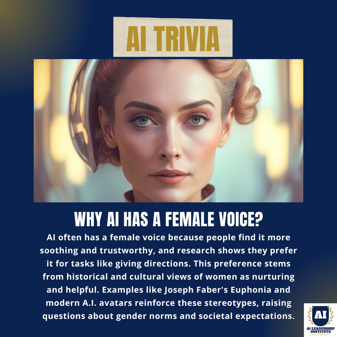 Ever wondered why many AI systems speak with a female voice? AI voices are female because people find them soothing and trustworthy? It's fascinating how preferences shape technology!

#voiceassistants
#responsibleai
#aileadership
#innovation
#voicetech
#womeninai
#10xtech