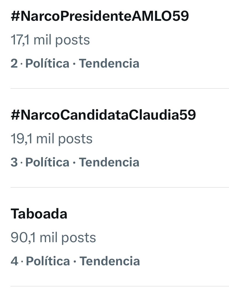 Las tendencias muy bonitas como siempre solo nos falta nuestra adorada Xóchitl. #NarcoPresidenteAMLO59 #NarcoCandidataClaudia59 Falta #YoSiVoyALaMarcha Estamos por cumplir nuestra meta. Inundemos Tuiter, las calles y las urnas.