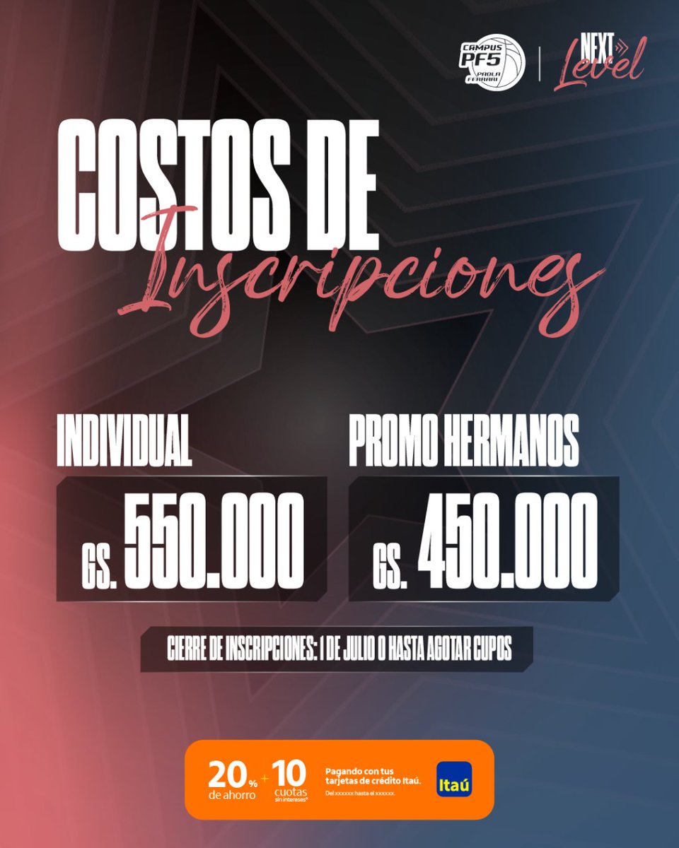 Ready to train! 🏀🔥

Compartimos los costos de inscripciones para el Campus PF5 Next Level. 🔛

¡No te quedes sin tu lugar en la cancha! ☝🏼

🔗Inscribite ingresando al link de la bio.

#CampusPF5 #NextLevel #EdicionXII #Basket #PaoFerrari