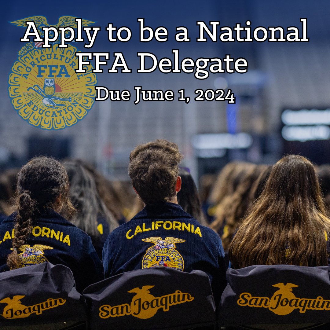 Apply to be a national FFA delegate! The delegate experience brings together 475 student leaders from across the nation to National Convention. Students share ideas and perspectives that will ensure the continued progress of the organization. Visit cognitoforms.com/CaliforniaFFAA….