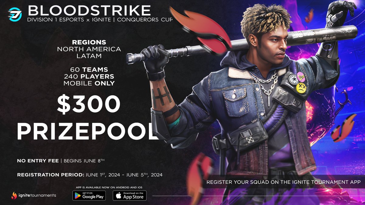 We're thrilled to bring even more #BloodStrike to the Ignite Tournaments app with the @Division1ORG Conqueror's Cup! 

📅 Registration - June 8th 
💰 $300 Prize Pool 
🆓 Free Entry - 60 Teams 

Download the app to get prepared: 
🔗 ignitetournaments.io/3wym1PP