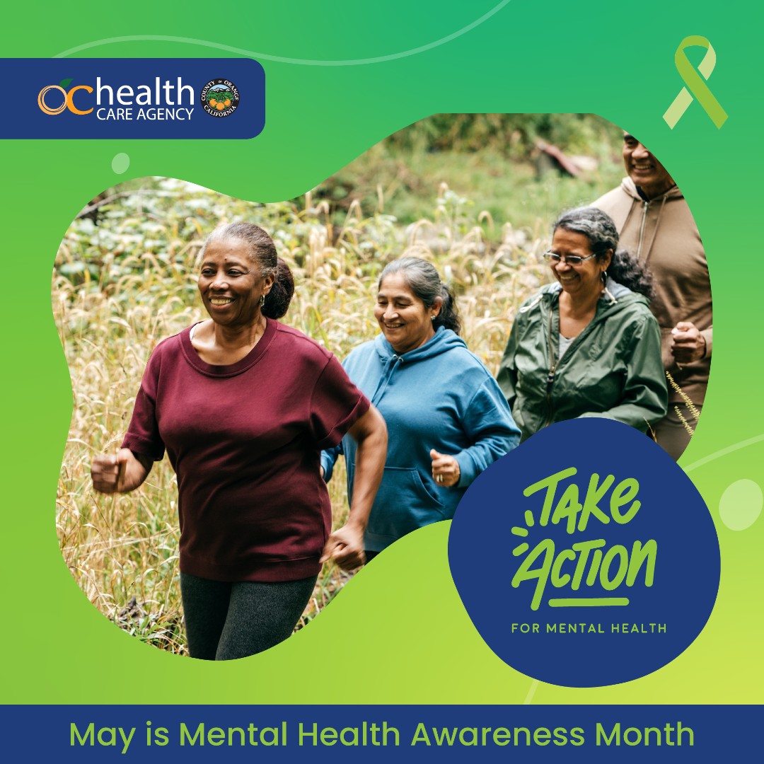 Embracing movement through walks, yoga, or dancing benefits mind & body. Get resources from OCNavigator.org to help take care of your mental health. #MentalHealthAwareness Month #MentalHealthMonth #TakeAction #OrangeCounty