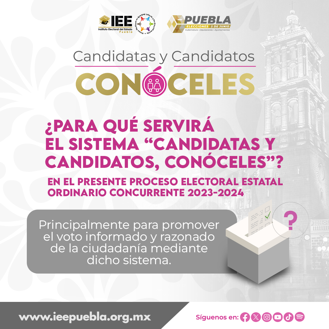 Conoce a tus candidatas y candidatos en Puebla para las elecciones de 2023-2024 con el sistema “Candidatas y Candidatos, Conóceles”. 🙋‍♀️🙋 ¡Infórmate y vota de manera razonada! #EleccionesPuebla2024 #VotoInformado #Democracia