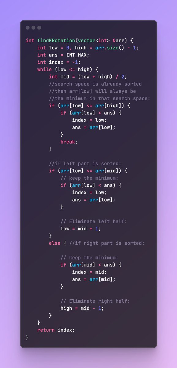 vinaykaran1112's tweet image. Day73/100
#100dayofcodechallenge
🎉 Just cracked the code on &quot;Number of  Rotations in an Array&quot; using a genius approach - same strategy as  finding the minimum number, but with a twist! 🔄 Replaced the &apos;min&apos;  function with custom code and add index return code and voila!
