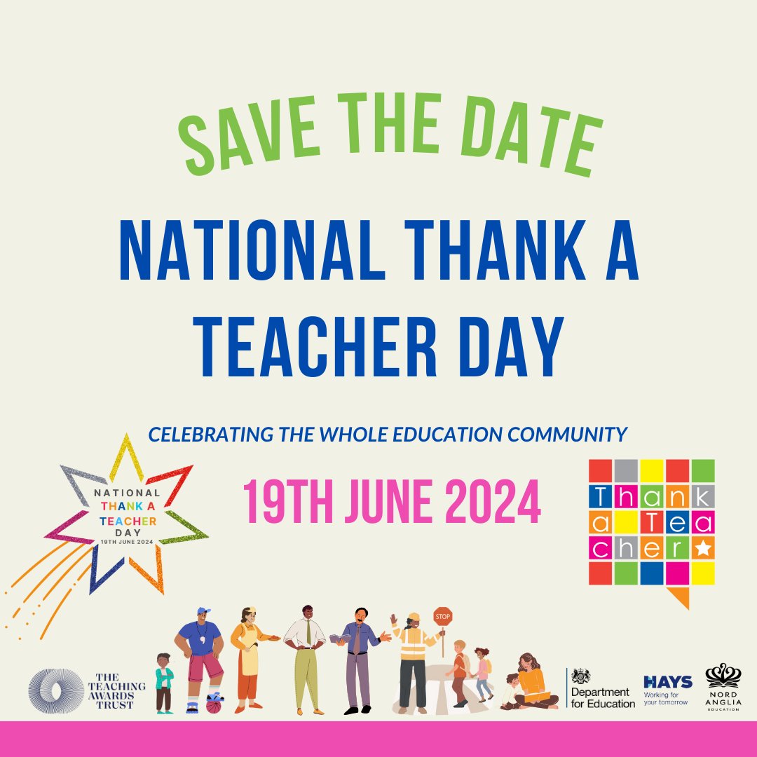 🌟 SAVE THE DATE for National #ThankATeacherDay 2024! 

On 19 June, we’ll be celebrating all those working in early years, schools and colleges. 

Register your interest via the @UKThankATeacher website to keep up-to-date with the latest news: bit.ly/3y0btcD