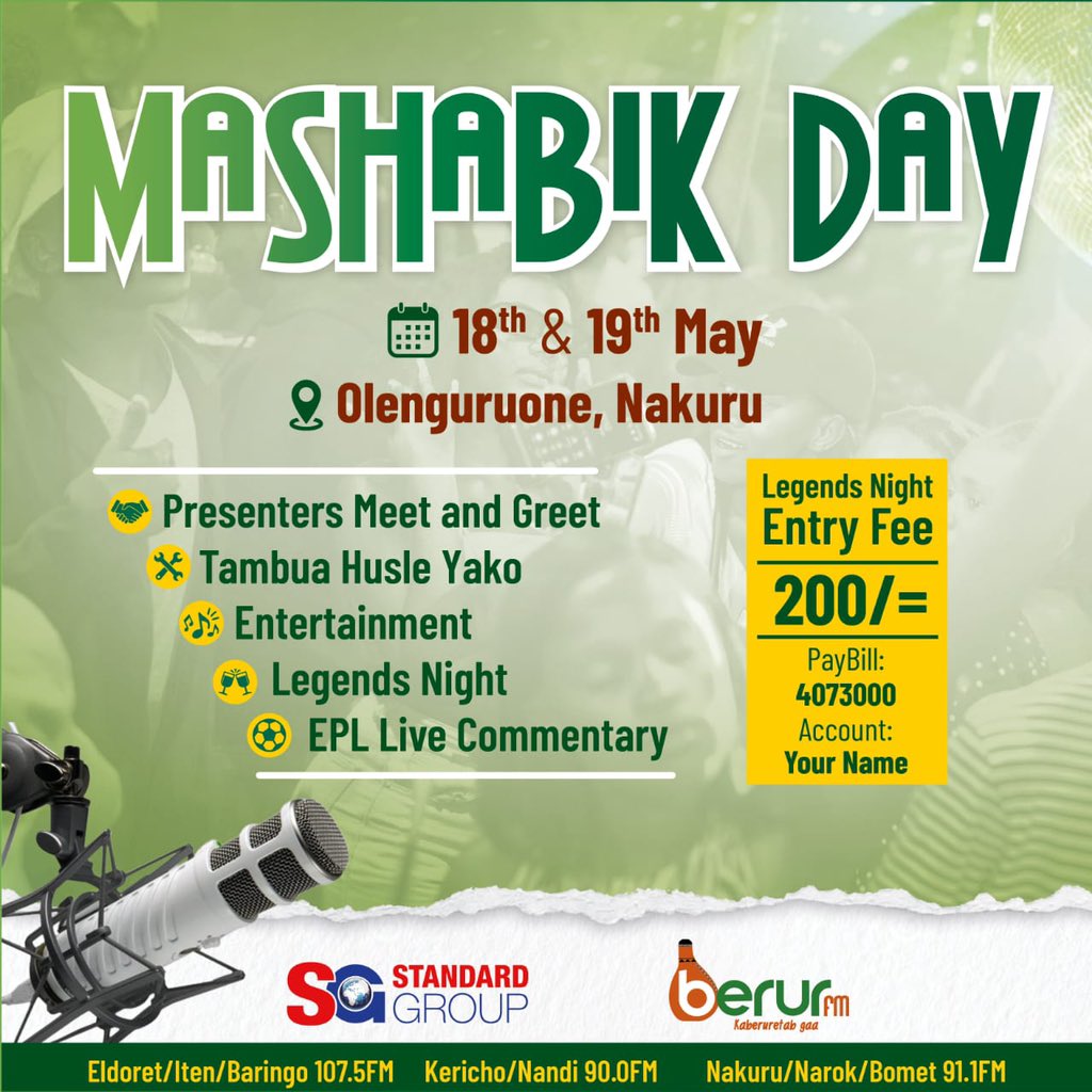 🎉 Exciting News! Berur Fm is coming to Olenguruone, Nakuru County on May 18th & 19th! Come and meet your favorite Presenters, enjoy live EPL Commentary, and groove with us at Legends Night for just Ksh 200! Mark Your Calendar! Usikose! #MashabikDay #BerurFm