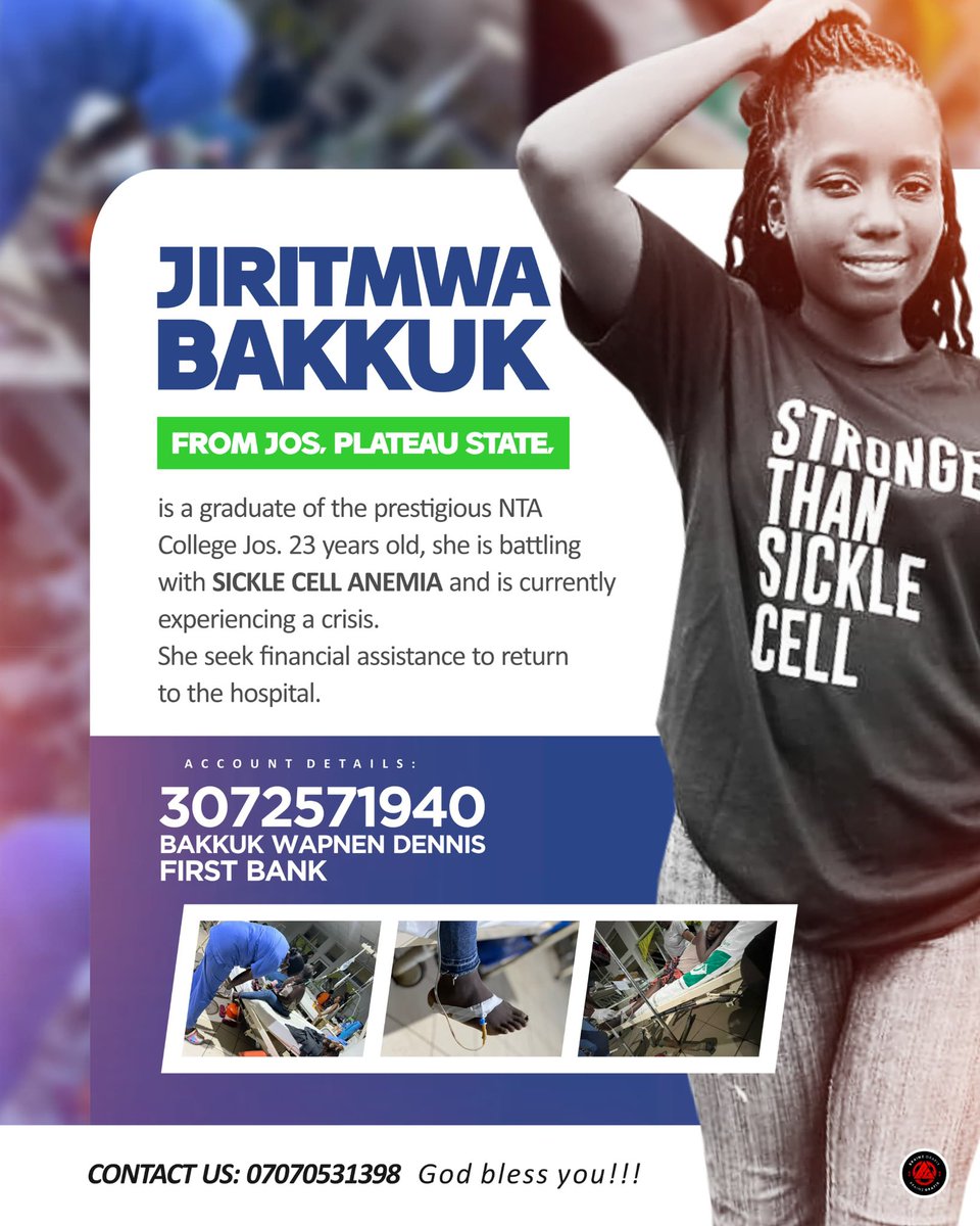Let's come together to support Jiritmwa Bakkuk in her battle against Sickle Cell Anemia. Account Details: 3072571940, Bakkuk Wapnen Dennis, First Bank. #SupportJirit