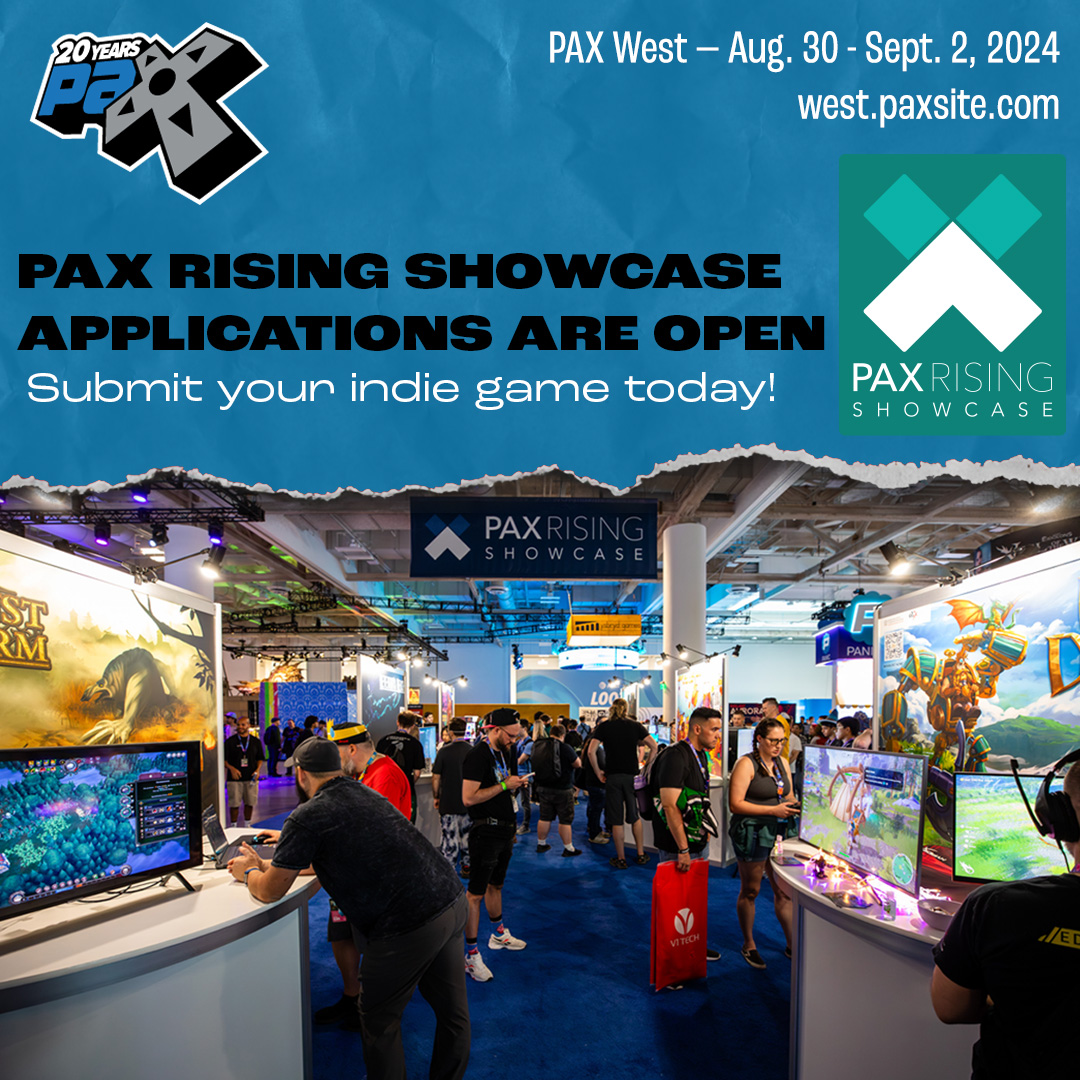 Show off your indie game at #PAXWest 2024 🎮🌟 Applications for the PAX Rising Showcase are open now. Submit your game at PAXWest24.com/RisingApp. Deadline is Monday, June 10th at 11:59 PM ET.