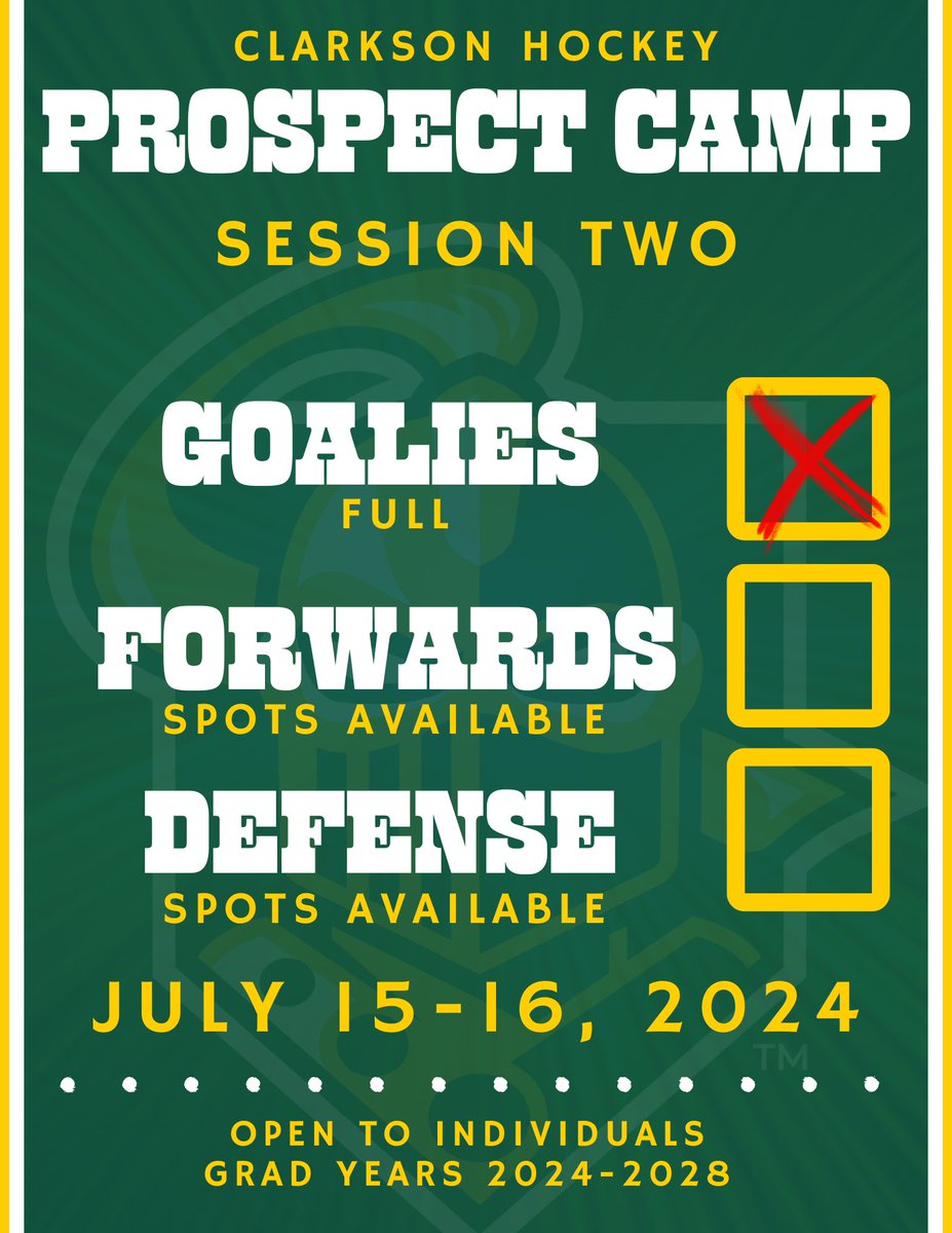 Spots are filling up fast!!! Sign up now for Clarkson Prospects Camp! Link in bio to signup! #ClarksonHockey #ProspectsCamp