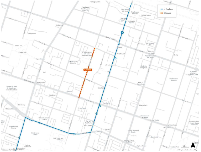 #HSRAlert Candle Parade of Our Lady of Fatima on Mon, May 13, 2024 at 8:30PM-9:30PM will cause Route 4 Bayfront bus from downtown (Eastbound) to detour from York Blvd. unto James St. Temporary stops on James St. at Cannon St. and James St. opposite Colbourne St.