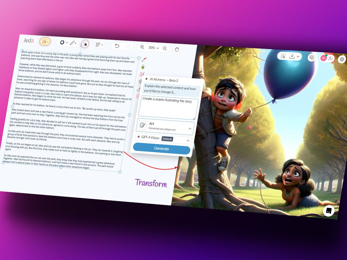 #PromptOfTheDay 💬 Select your story & choose Art as Alchemy output with this prompt - 'Create a scene illustrating the story'. 

👉 Try today at jeda.ai/generative-ai-…

#JedaAI #GenerativeAI #ChatGPT #GPT4 #Vision #VisualPrompt #AIArt #StoryArt