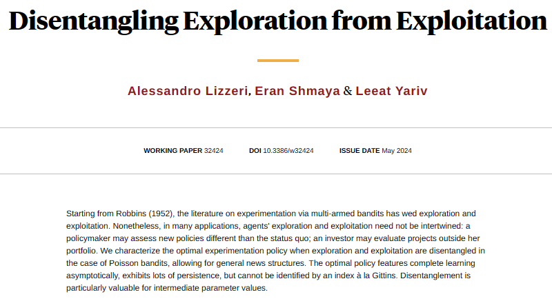 Characterizing the optimal experimentation policy when exploration and exploitation are disentangled in the case of Poisson bandits, allowing for general news structures, from Alessandro Lizzeri, @eranshmaya, and @lyariv nber.org/papers/w32424